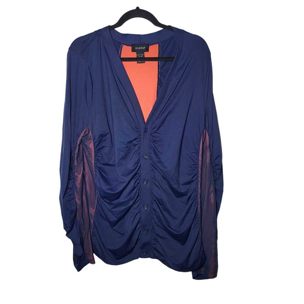 Ashro Womens Navy Blue‎ Mesh Cinched Button Long Sleeve Cardigan Size XL Fall
